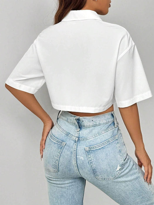 Shoulder Pocket Patched Crop Shirt Short Sleeve Tops - Magellan Fashion Shop