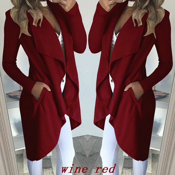 Women's Plus Size Solid Color Polo Collar Slim Fit Long Trench Coat