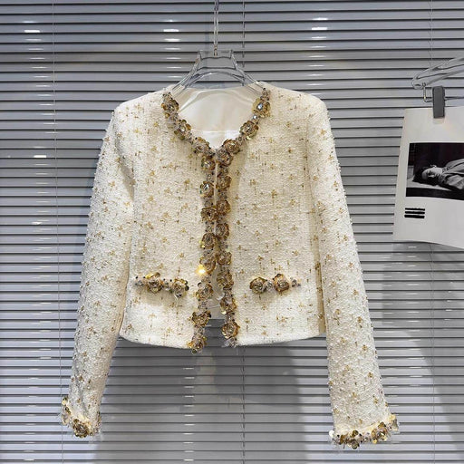 Golden Bright Piece Flower Beaded Edge Tweed Light Luxury Short Coat Top - Magellan Fashion Shop