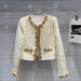 Golden Bright Piece Flower Beaded Edge Tweed Light Luxury Short Coat Top - Magellan Fashion Shop