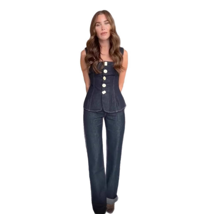 Women's Fashion Casual Single-breasted Denim Vest Pants - Magellan Fashion Shop