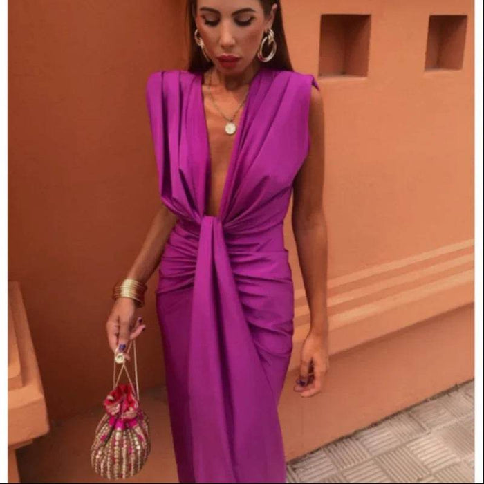 Solid Color Lace High Waist V-neck Dress - Magellan Fashion Shop