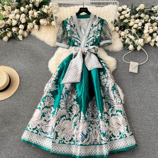 Women's Printed Tie Waist Long Dress - Magellan Fashion Shop