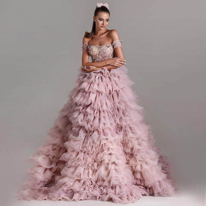 One-line Shoulder Wipe Chest Studded Beaded Cake Skirt Pink Wedding Dress - Magellan Fashion Shop