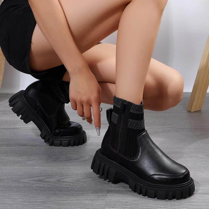 Fashion Mid-tube Boots With Zipper Design Non-slip Thick Sole Elastic Knitted Patchwork Boots - Magellan Fashion Shop