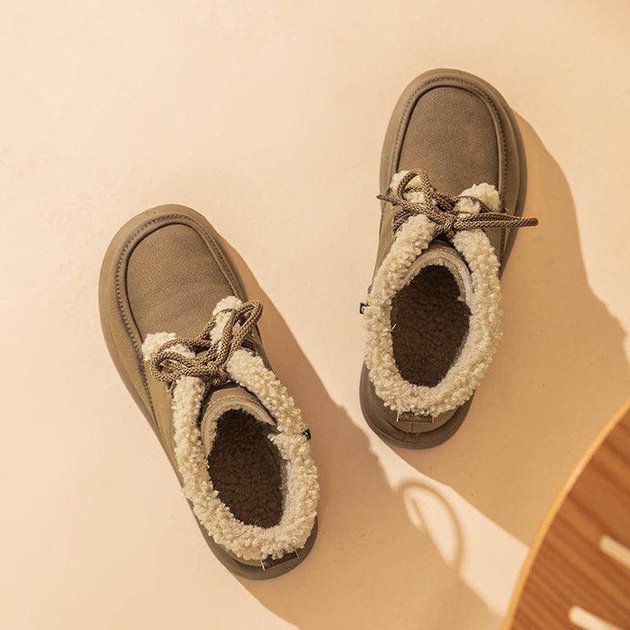 Lace-up Plush Snow Boots Winter Warm Fleece Flat Shoes For Women Fashion Casual Ankle Boot - Magellan Fashion Shop