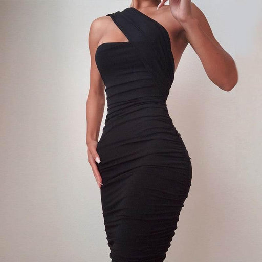 Black One Shoulder Draw Pleated Skinny Dress - Magellan Fashion Shop