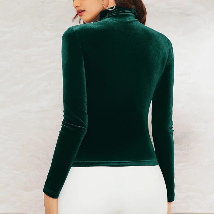 Women's Velvet Turtleneck Top Solid Color Long Sleeve Elegant Slim T-shirt