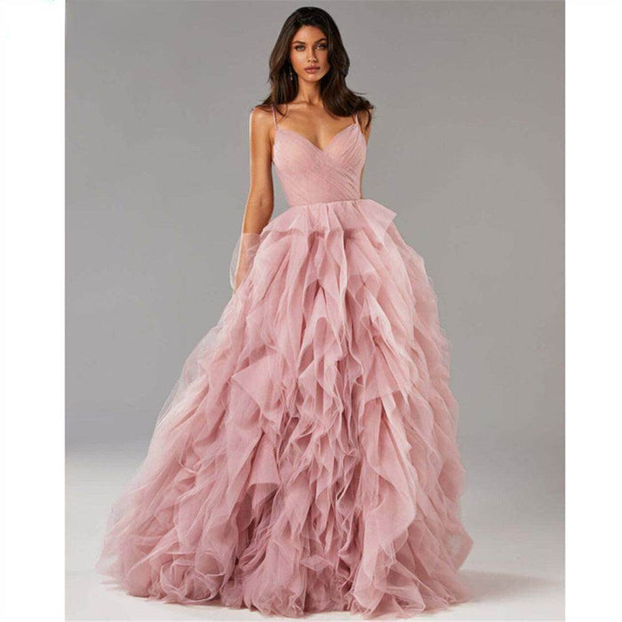 Evening Gown Prom Irregular Spaghetti-strap Mesh Long Dress - Magellan Fashion Shop