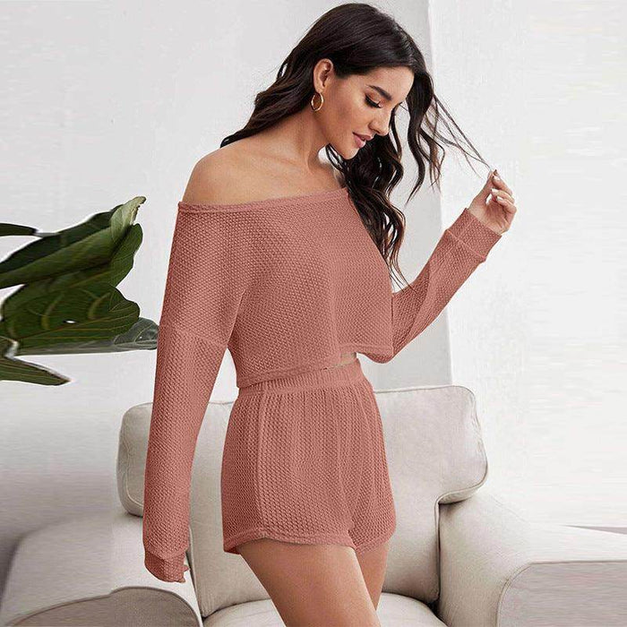 Pajamas Off-shoulder Top Shorts Breathable Waffle Casual Homewear Suit - Magellan Fashion Shop