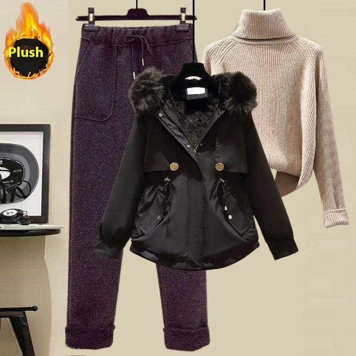 Women's Sweater Down Cotton Jacket Casual Pants Set - Magellan Fashion Shop