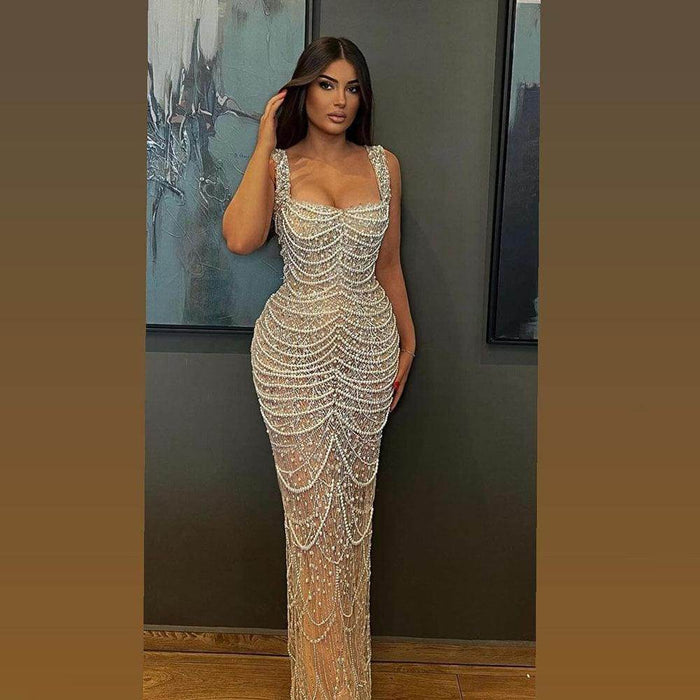 Nude Elegant Sling Light Luxury High-end Pearl Beaded Dress - Magellan Fashion Shop