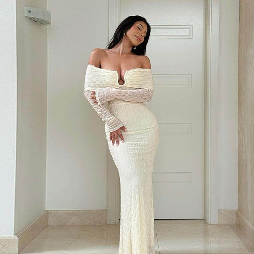 Special-shaped Metal Buckle Off-shoulder Long Sleeve Dress - Magellan Fashion Shop