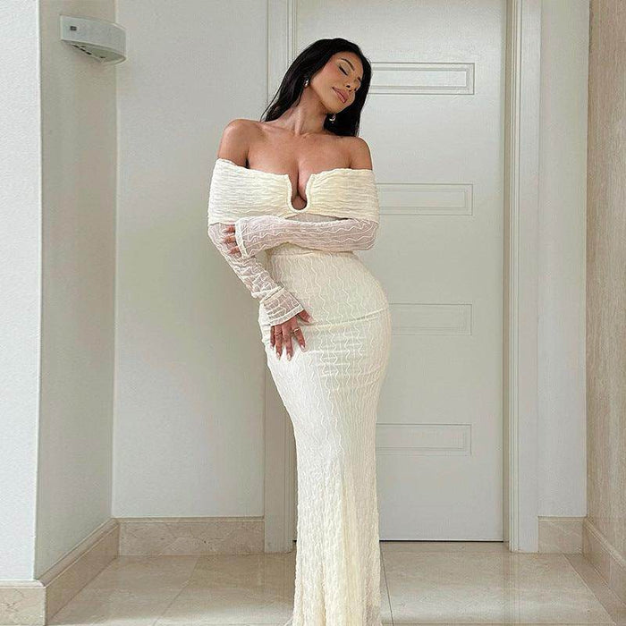 Special-shaped Metal Buckle Off-shoulder Long Sleeve Dress - Magellan Fashion Shop