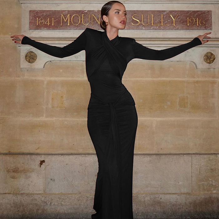 Cinched Waist Slim-fit Long Sleeve Padded Shoulder Long Elegant Dress