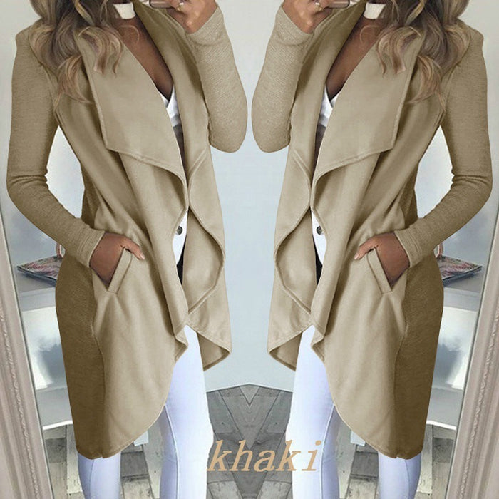 Women's Plus Size Solid Color Polo Collar Slim Fit Long Trench Coat