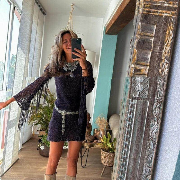 Autumn Tassel Sexy Cutout Pullover Long Sleeve Dress - Magellan Fashion Shop