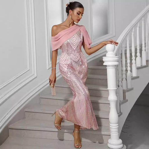 Dress One-shoulder Chiffon Stitching Sequined Dress - Magellan Fashion Shop