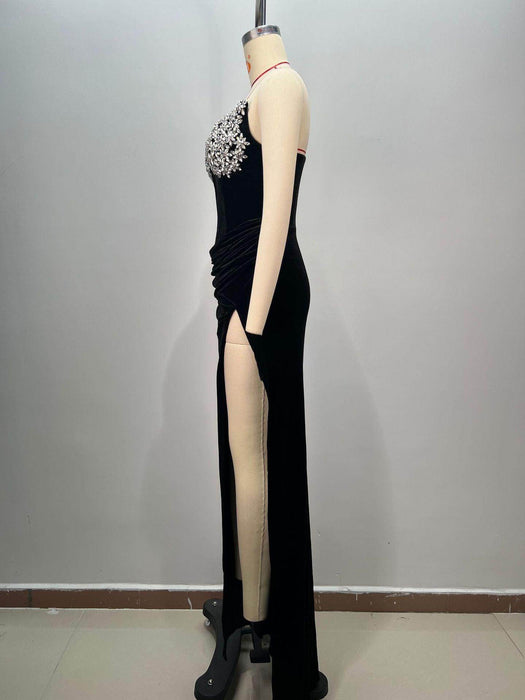 Women's Black Bandeau Slim-fit Hot Drilling Long Dress - Magellan Fashion Shop