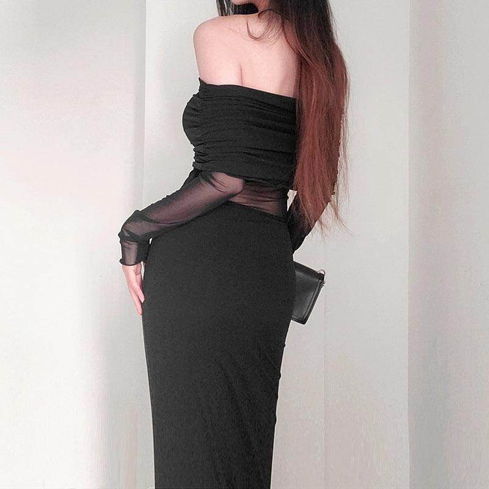 Women's Winter Sexy Off-the-shoulder Pleated Long Sleeve Polyester Dress - Magellan Fashion Shop