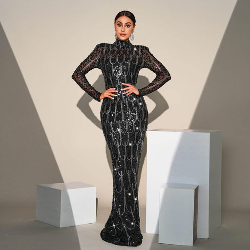 Long Sleeve Sequined Evening Dress - Magellan Fashion Shop