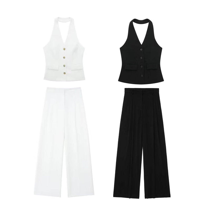 Pleated Wide Leg Pants Backless Hanging Collar Vest - Magellan Fashion Shop