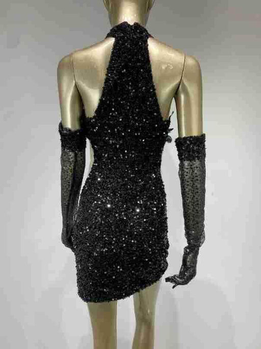 Dress Halter Feather Sequins Short Hip Skirt With Gloves Dress - Magellan Fashion Shop