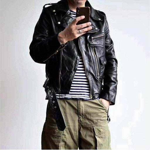 Men's black horse leather motorcycle riding jacket in Japanese style
