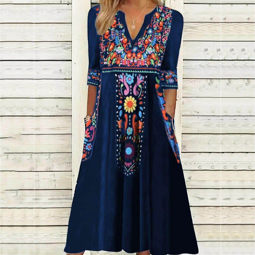 Pocket Bohemian Printed 34 Sleeves Dress Women - Magellan Fashion Shop