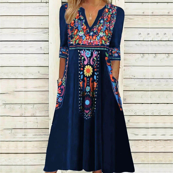 Pocket Bohemian Printed 34 Sleeves Dress Women - Magellan Fashion Shop