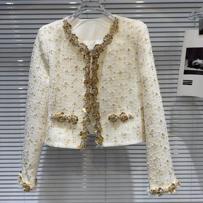 Golden Bright Piece Flower Beaded Edge Tweed Light Luxury Short Coat Top - Magellan Fashion Shop