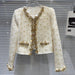 Golden Bright Piece Flower Beaded Edge Tweed Light Luxury Short Coat Top - Magellan Fashion Shop