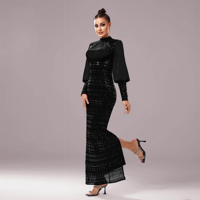 Long Sleeve Round Neck Sequins Slit Evening Dress - Magellan Fashion Shop