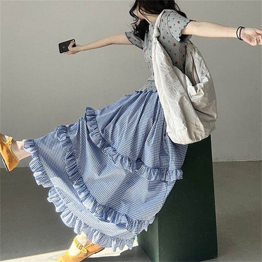 Plaid Elastic Waist Ruffled Tiered Skirt Long Dress For Women - Magellan Fashion Shop