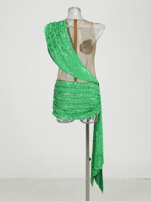 Sexy See-through Sequins  Shoulder Stitching Dress