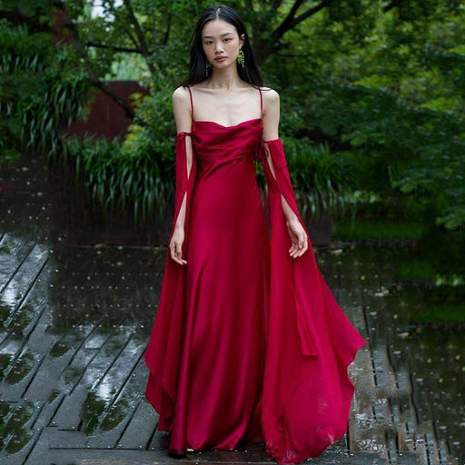 Luxury Senior Sense Acetate Satin Wine Red Bride Wedding Photo Gown Woman - Magellan Fashion Shop
