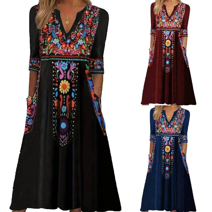 Pocket Bohemian Printed 34 Sleeves Dress Women - Magellan Fashion Shop
