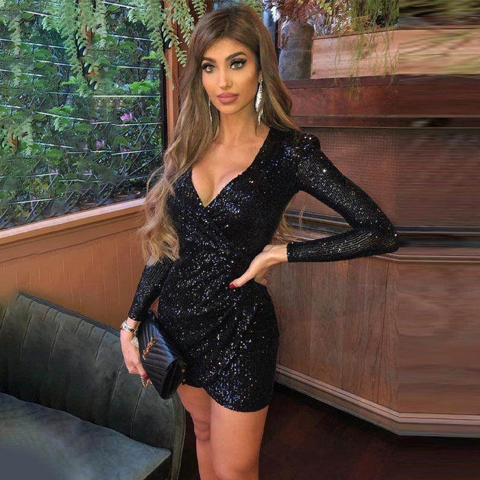 Summer Women's V-neck Long Sleeve Sequin Skirt Ruffle Hip Dress - Magellan Fashion Shop