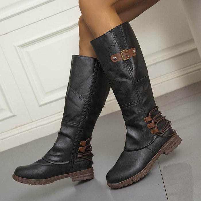 Fashion Casual Round Toe Square Heel Women's High-top Fashion Leather Boots - Magellan Fashion Shop