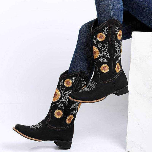 Cowboy Boots Women Sunflower Embroidery Shoes Low Heel Western Boot - Magellan Fashion Shop