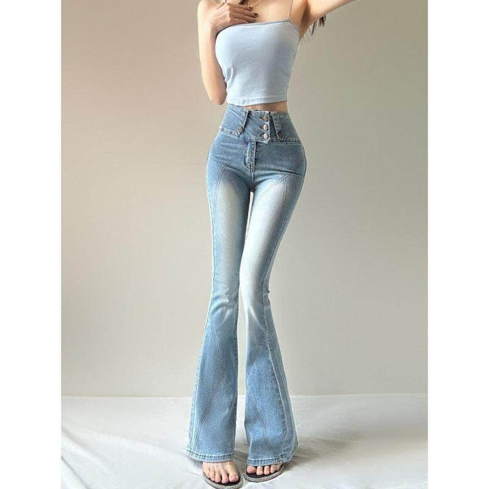 High Waist Retro Light Blue Bell-bottom Pants Elastic Hip Raise Slim Fit Slimming - Magellan Fashion Shop