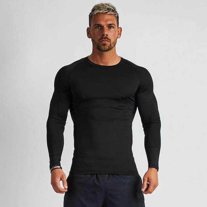 Men's quick drying fitness stretch long-sleeved shirt in black and white, slim fit pullover with round neck.