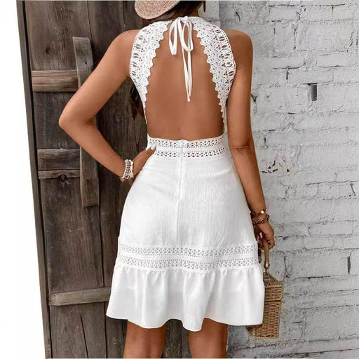 Solid Color Hollow Lace Stitched Backless Halter Lace-up Mini Skirt - Magellan Fashion Shop