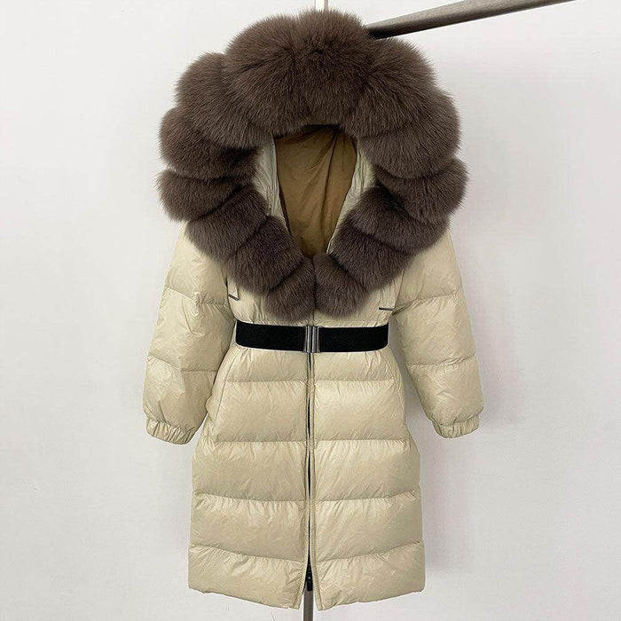 Women's Long Cinched Hoodie Real Fox Collar Fur Down Jacket Coat - Magellan Fashion Shop