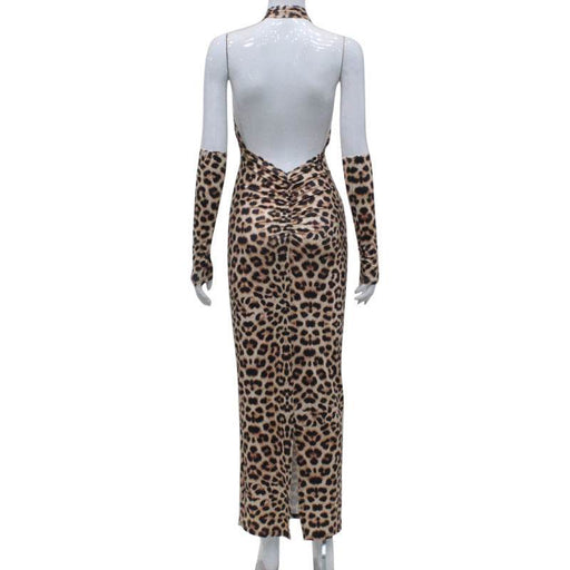 Leopard Print Cross Hollow Out Strap Backless High Waist Dress - Magellan Fashion Shop