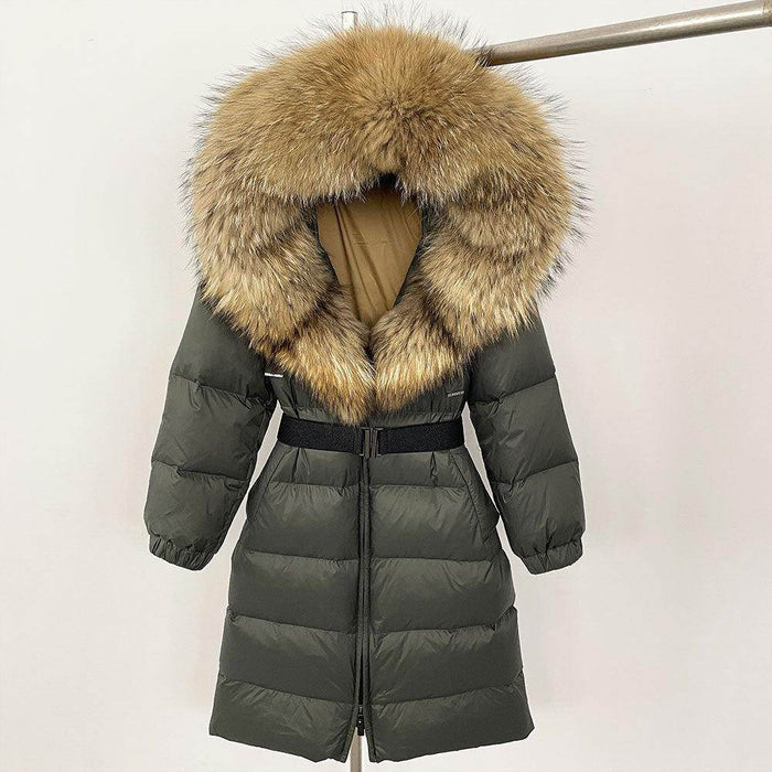 Women's Long Cinched Hoodie Real Fox Collar Fur Down Jacket Coat - Magellan Fashion Shop