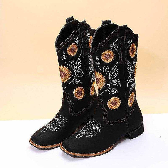 Cowboy Boots Women Sunflower Embroidery Shoes Low Heel Western Boot - Magellan Fashion Shop