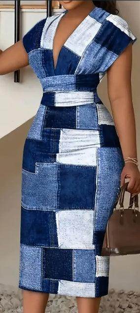 Short Sleeve Elegant Patchwork Print V Neck Dress For Spring & Summer - Magellan Fashion Shop