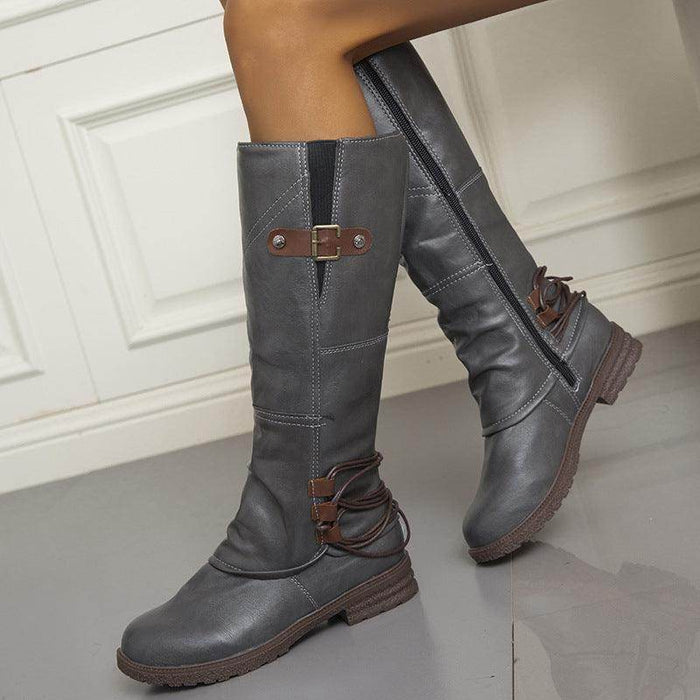 Fashion Casual Round Toe Square Heel Women's High-top Fashion Leather Boots - Magellan Fashion Shop