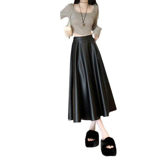 Leather Medium Length Simple A- Line Umbrella Skirt - Magellan Fashion Shop